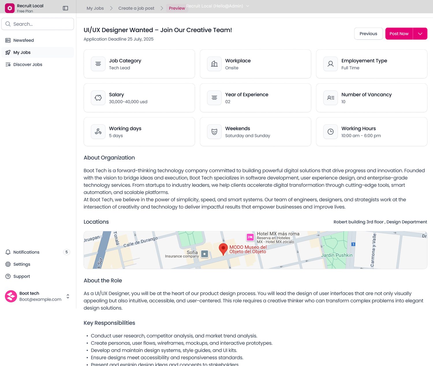 The Recruit Local job post preview