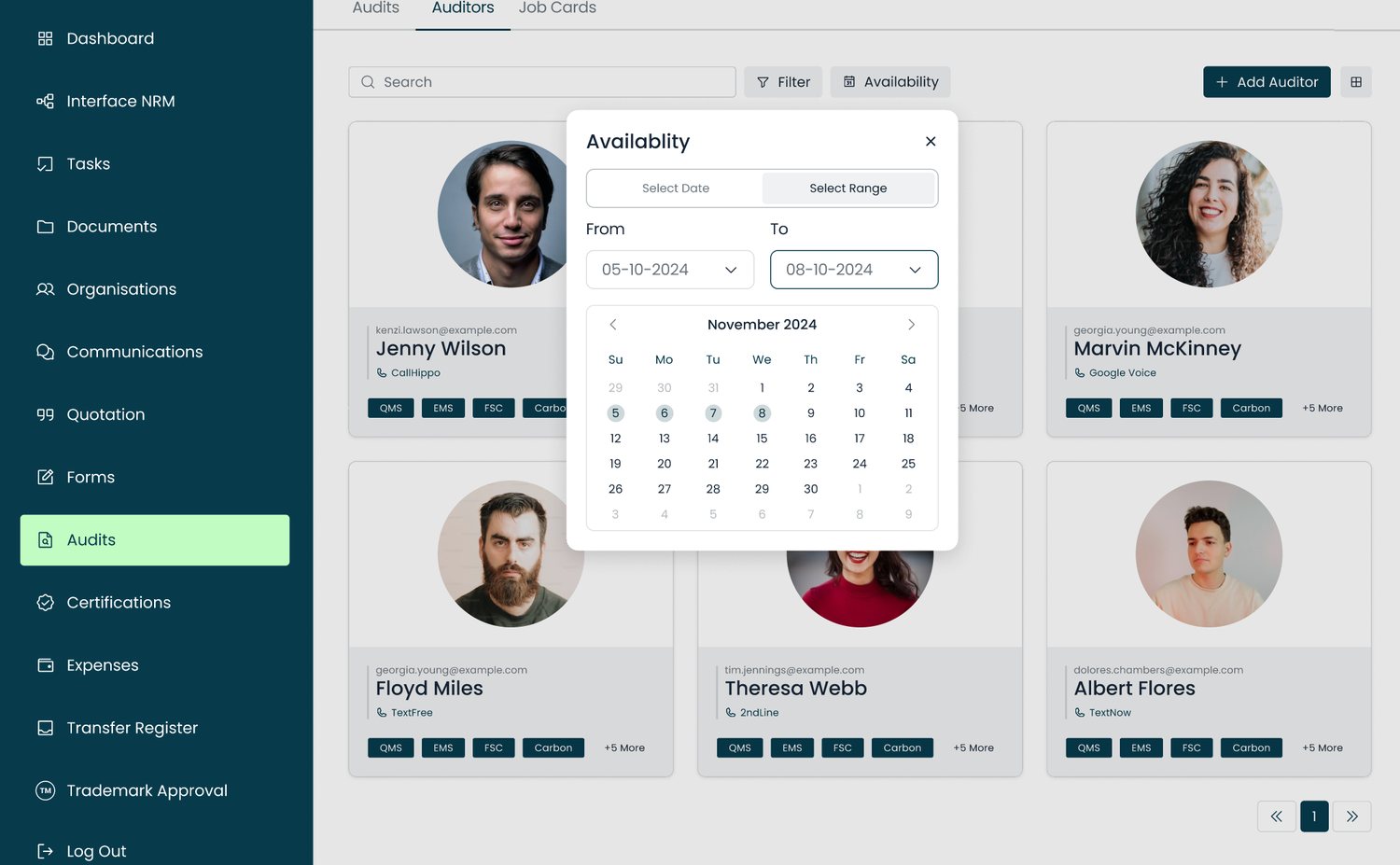 The Vericert auditor directory with an availability date-range picker